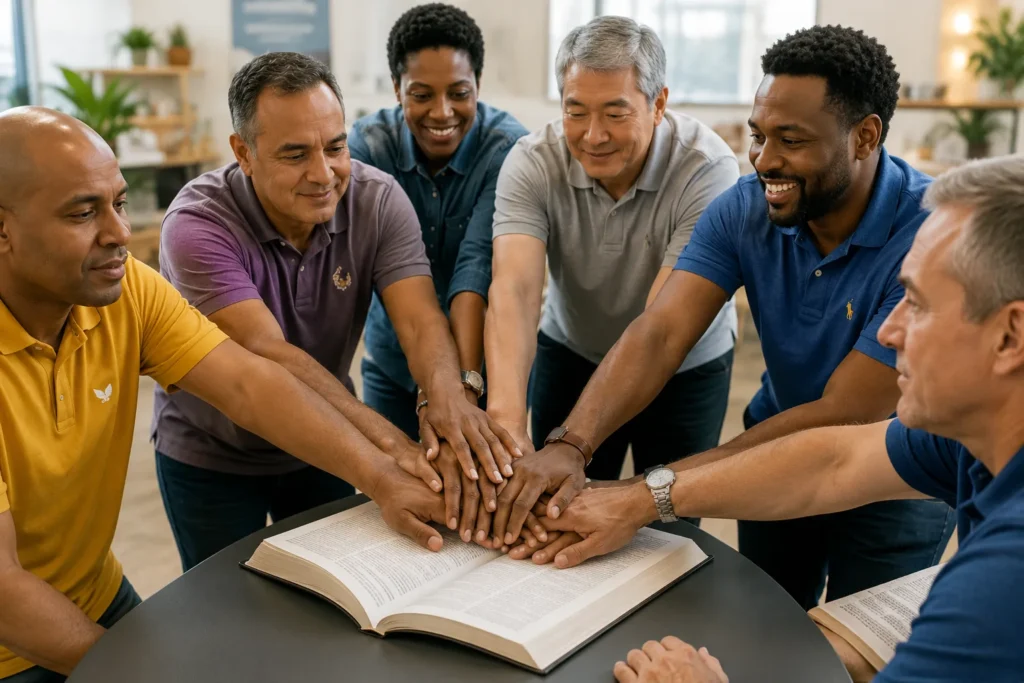 Diverse community partners placing their hands together during a collaborative planning session
