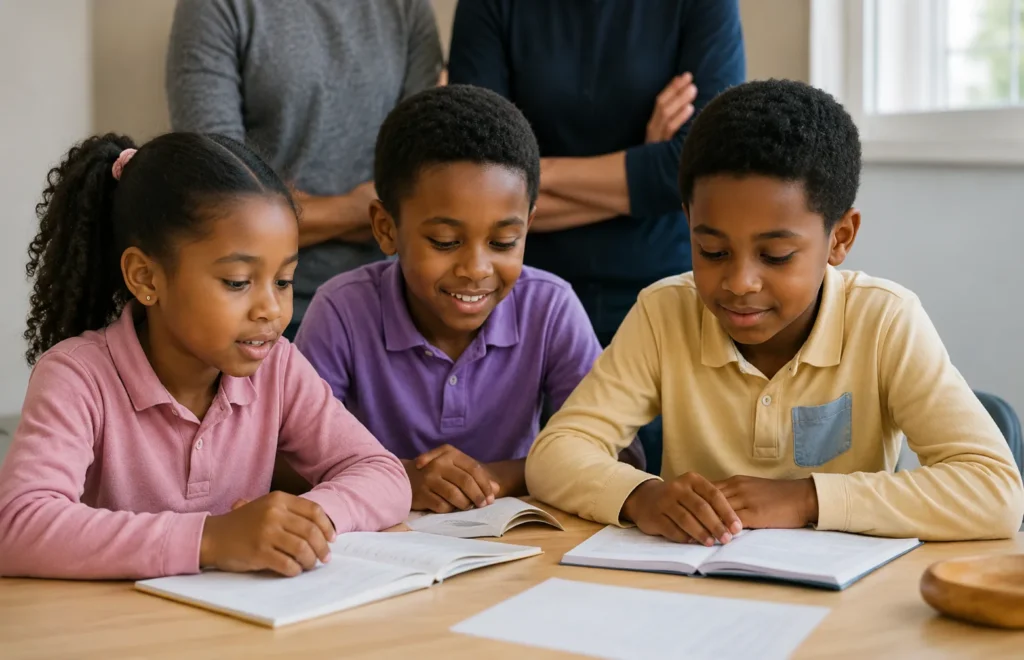 Minority students learning together with educational materials in a supportive classroom setting