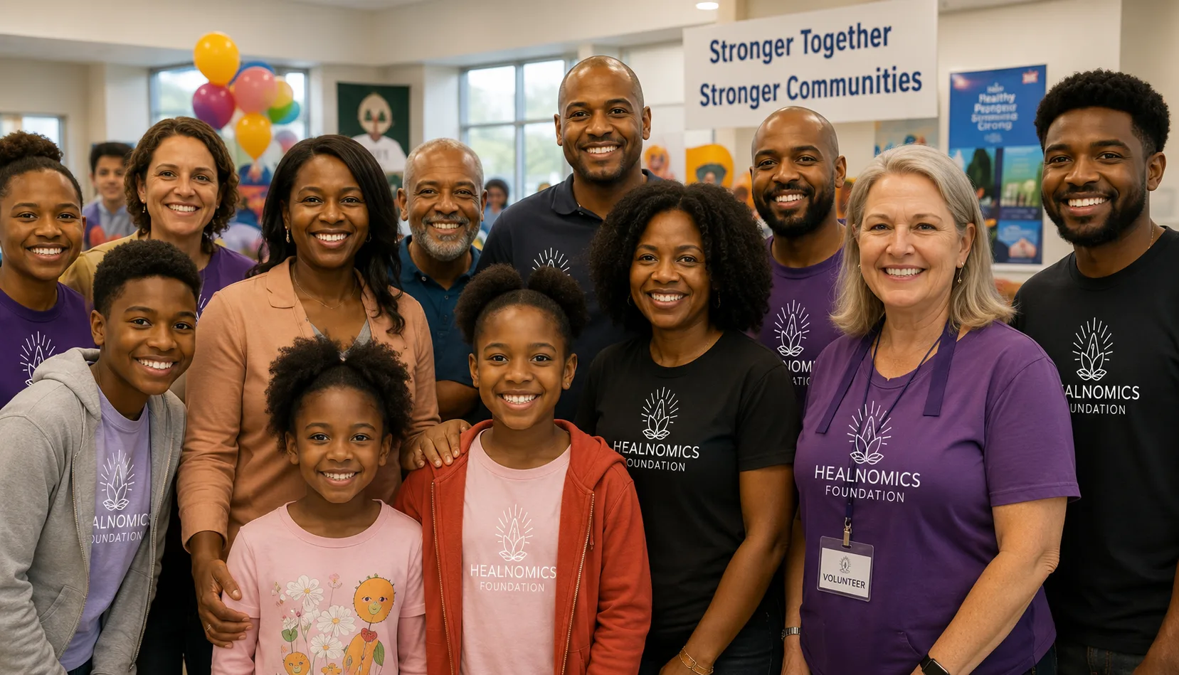 Healnomics Foundation volunteers and community members smiling together at a community center event