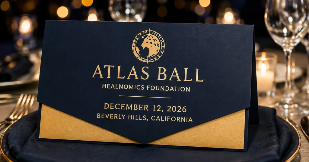 Navy and gold invitation for the Healnomics Foundation Atlas Ball fundraising gala