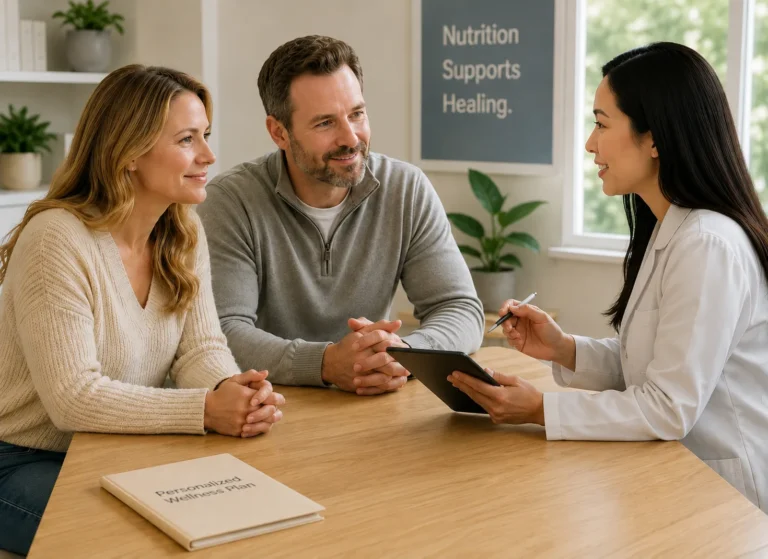 Couple meeting with an Asian nutrition and wellness practitioner for personalized cancer-support guidance