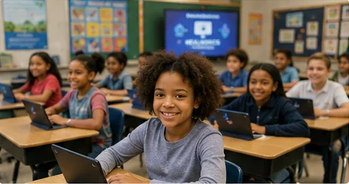 Diverse elementary and middle-school students using laptops in a well-equipped classroom