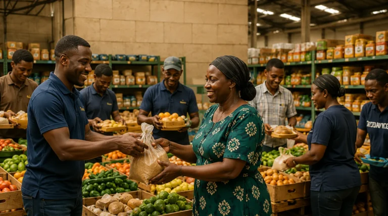 Volunteer providing a bag of food to a woman at a community food distribution center in Lagos
