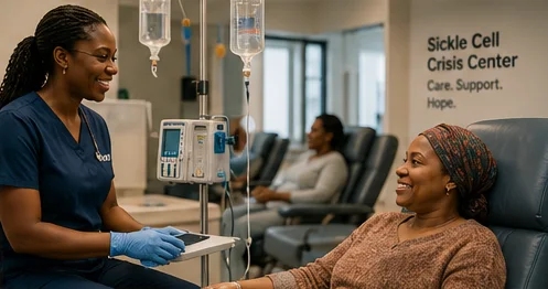 Black woman receiving supportive IV care from a nurse in a sickle cell crisis and wellness center